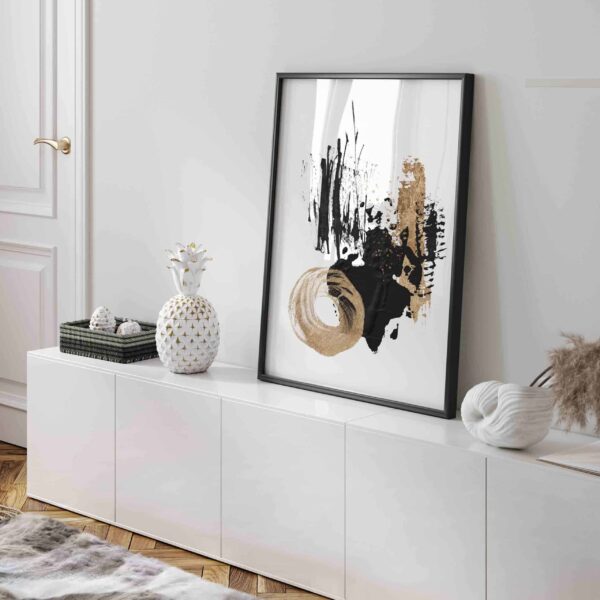 Poster abstract forme neregulate negru auriu living, postere perete, postere pereti, postere mari de perete, tablou poster, postere inramate, postere bucuresti, tablouri scandinave, poster 50x70, tablouri, postere romania, tablouri moderne, design interior