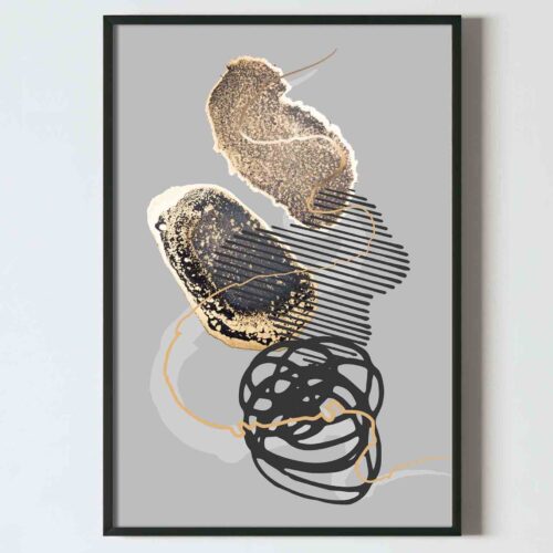 Poster abstract forme neregulate negru auriu living, postere perete, postere pereti, postere mari de perete, tablou poster, postere inramate, postere bucuresti, tablouri scandinave, poster 50x70, tablouri, postere romania, tablouri moderne, design interior