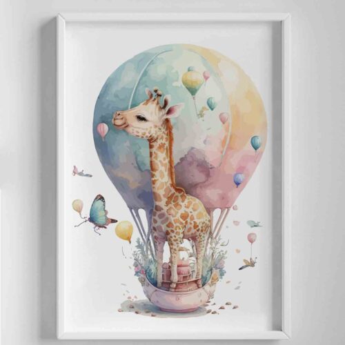 Poster girafa cu balon si fluturi, multicolor, camera copiilor, poster camera copii, postere camera copii, poster camera copii , postere perete, postere pereti, postere mari de perete, tablou poster, postere inramate, postere bucuresti, tablouri scandinave, poster 50x70, tablouri, postere romania, tablouri moderne, design interior