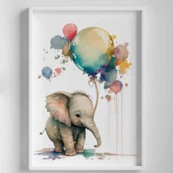 Poster elefant cu baloane acuarele camera copiilor, poster camera copii , postere perete, postere pereti, postere mari de perete, tablou poster, postere inramate, postere bucuresti, tablouri scandinave, poster 50x70, tablouri, postere romania, tablouri moderne, design interior