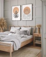 dormitor stil scandinav cu pat ikea si poster abstract cu frunze cerc si linii in tus si acuarele, bej si negru, postere perete, postere pereti, postere mari de perete, tablou poster, postere inramate, postere bucuresti, tablouri scandinave, poster 50x70, tablouri, postere romania, tablouri moderne, design interior