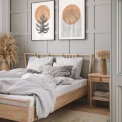 dormitor stil scandinav cu pat ikea si poster abstract cu frunze cerc si linii in tus si acuarele, bej si negru, postere perete, postere pereti, postere mari de perete, tablou poster, postere inramate, postere bucuresti, tablouri scandinave, poster 50x70, tablouri, postere romania, tablouri moderne, design interior