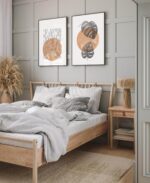 dormitor stil scandinav cu pat ikea si poster abstract cu frunze cerc si linii in tus si acuarele, bej si negru, postere perete, postere pereti, postere mari de perete, tablou poster, postere inramate, postere bucuresti, tablouri scandinave, poster 50x70, tablouri, postere romania, tablouri moderne, design interior
