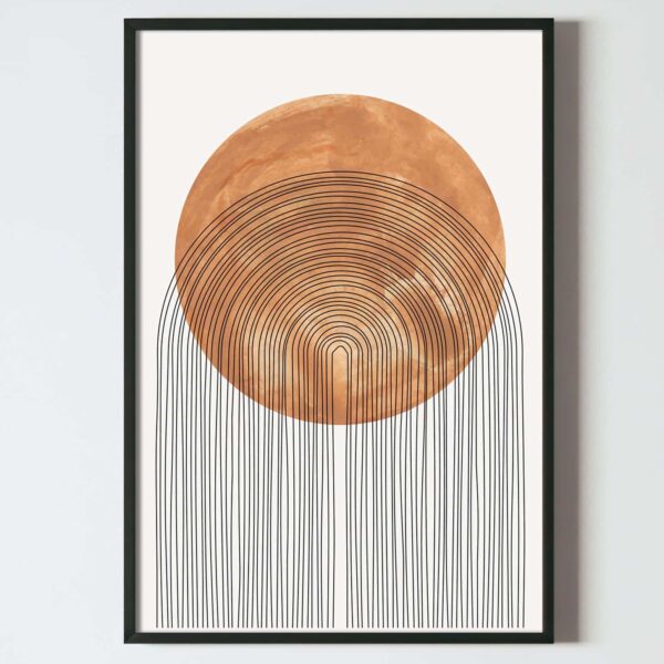 Poster abstract cu arc de cerc in tus si cerc in tehnica acuarele, bej si negru, postere perete, postere pereti, postere mari de perete, tablou poster, postere inramate, postere bucuresti, tablouri scandinave, poster 50x70, tablouri, postere romania, tablouri moderne, design interior