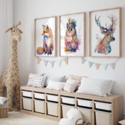 Set 3 postere cu animaluțe : vulpe bufniță și cerb acuarele camera copiilor ikea trofast, postere camera copii, poster camera copii, postere perete, postere pereti, postere mari de perete, tablou poster, postere inramate, postere bucuresti, tablouri scandinave, poster 50x70, tablouri, postere romania, tablouri moderne, design interior