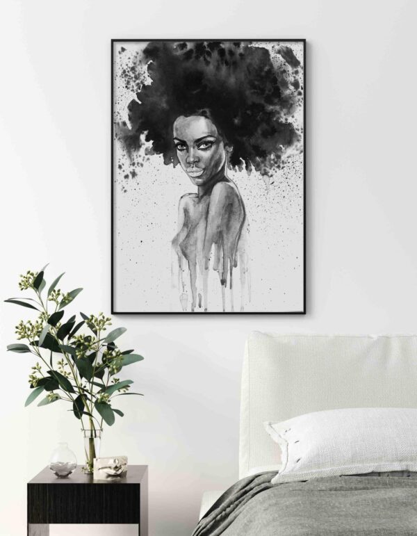poster tablou alb negru acuarele portret negresa design interior decoratiuni perete living dormitor hol, postere perete, postere pereti, postere mari de perete, tablou poster, postere inramate, postere bucuresti, tablouri scandinave, poster 50x70, tablouri, postere romania, tablouri moderne, design interior