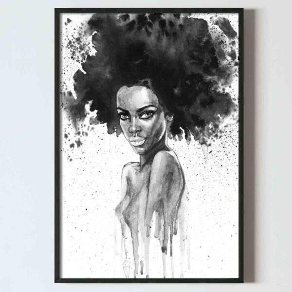 poster tablou alb negru acuarele portret negresa design interior decoratiuni perete living dormitor hol, postere perete, postere pereti, postere mari de perete, tablou poster, postere inramate, postere bucuresti, tablouri scandinave, poster 50x70, tablouri, postere romania, tablouri moderne, design interior