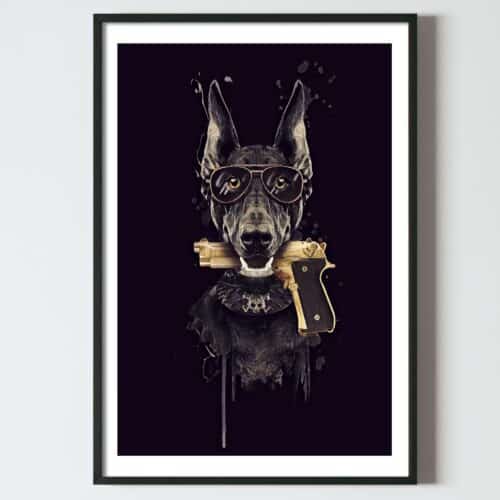 postere perete tablou afis perete catel cu pistol auriu pe fundal negru si ochelari, postere perete, postere pereti, postere mari de perete, tablou poster, postere inramate, postere bucuresti, tablouri scandinave, poster 50x70, tablouri, postere romania, tablouri moderne, design interior