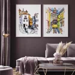 set Poster tablou desen, strada pietruita, catedrala, postere perete, postere pereti, postere mari de perete, tablou poster, postere inramate, postere bucuresti, tablouri scandinave, poster 50x70, tablouri, postere romania, tablouri moderne, design interior