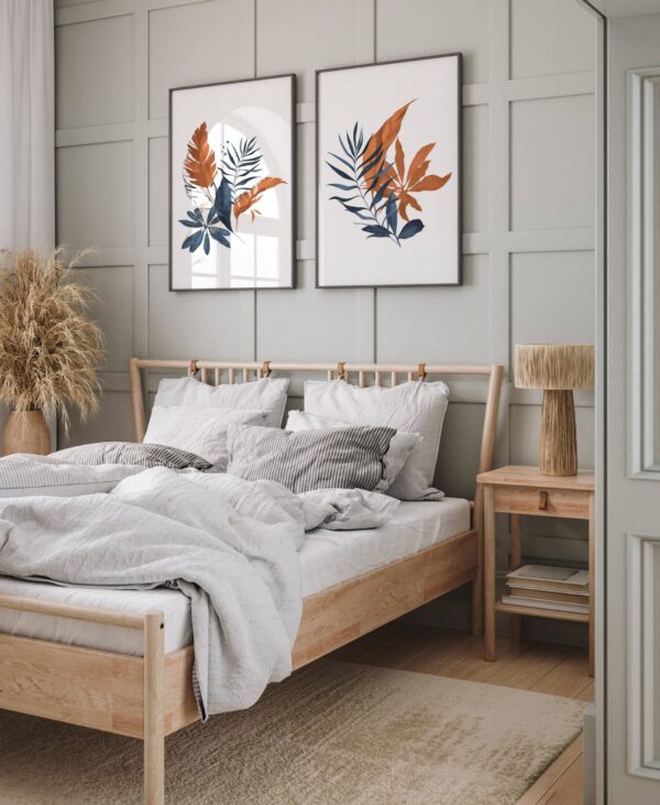 Set 2 postere pentru tablou arta digitala frunze albastre si portocalii, postere perete, postere pereti, postere mari de perete, tablou poster, postere inramate, postere bucuresti, tablouri scandinave, poster 50x70, tablouri, postere romania, tablouri moderne, design interior