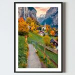 Poster tablou perete : peisaj cu muntele Matterhorn cu poteca si 2 cabane de lemn, postere perete, postere pereti, postere mari de perete, tablou poster, postere inramate, postere bucuresti, tablouri scandinave, poster 50x70, tablouri, postere romania, tablouri moderne, design interior